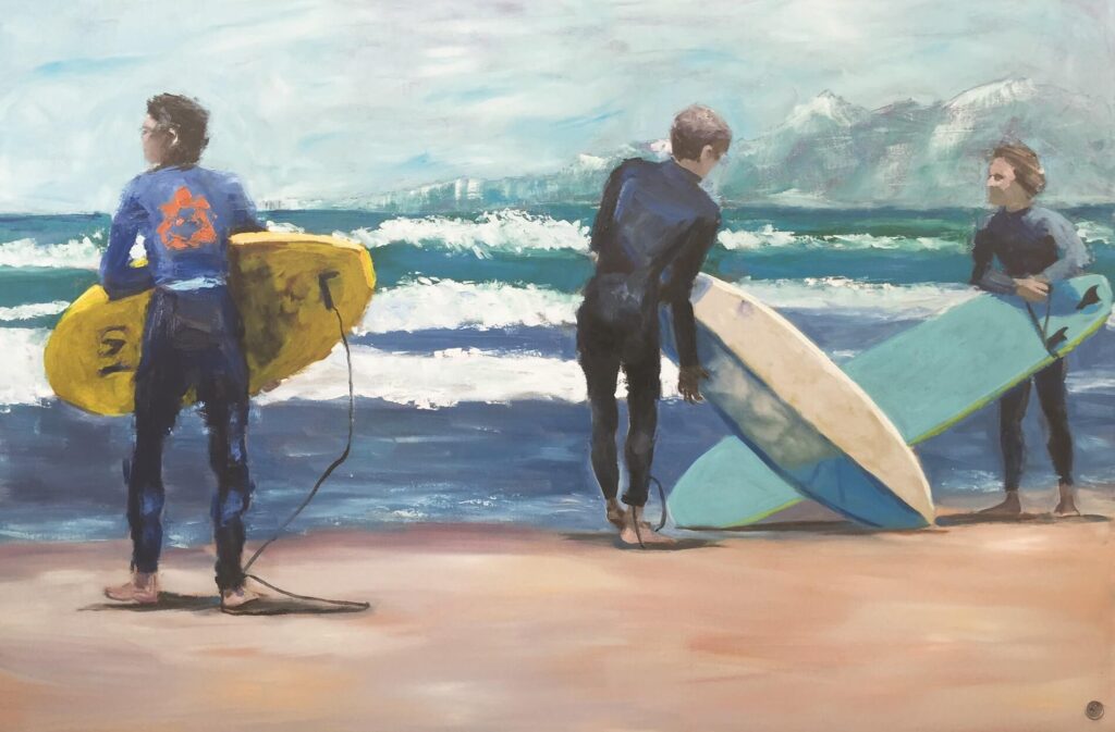 Surfers on the West Coast painting by Karen Wride
